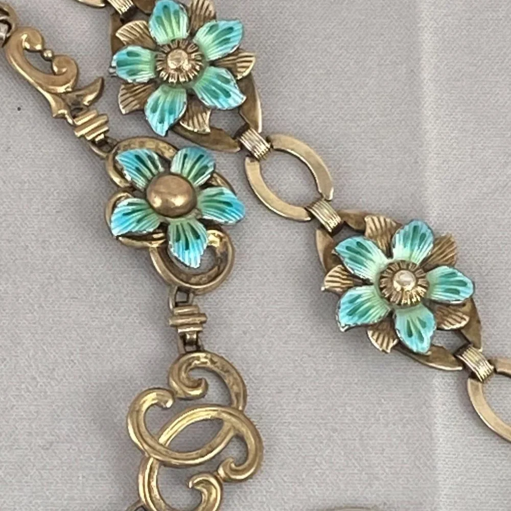 Vintage 1930s Gold Vermeil Necklace and Bracelet Guilloche Enamel Flowers - Picture 5 of 7